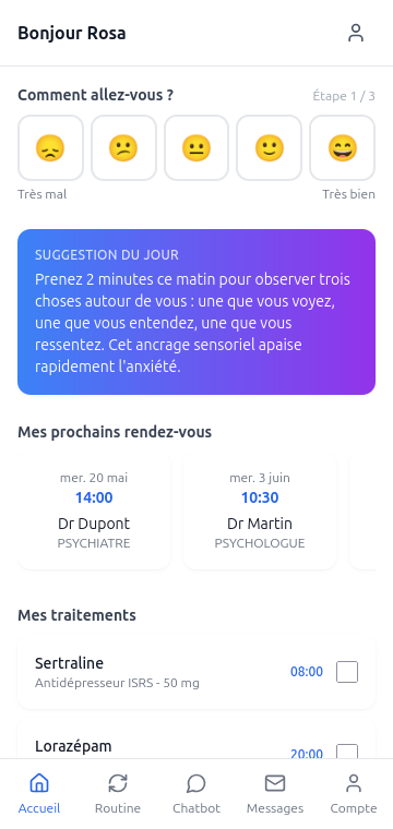 Neuroscope : tableau de bord - humeur, rendez-vous, traitements